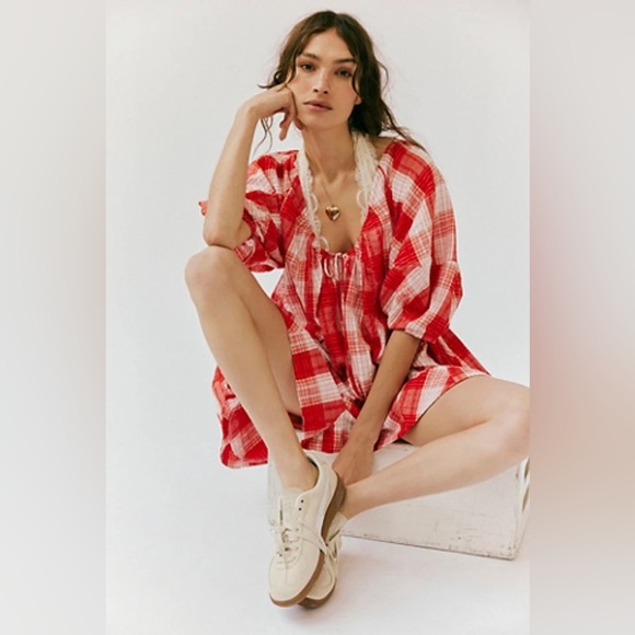 Free People Pants - Free People Bop Around Red Combo Plaid Romper SZ Small Relaxed Fit NEW!